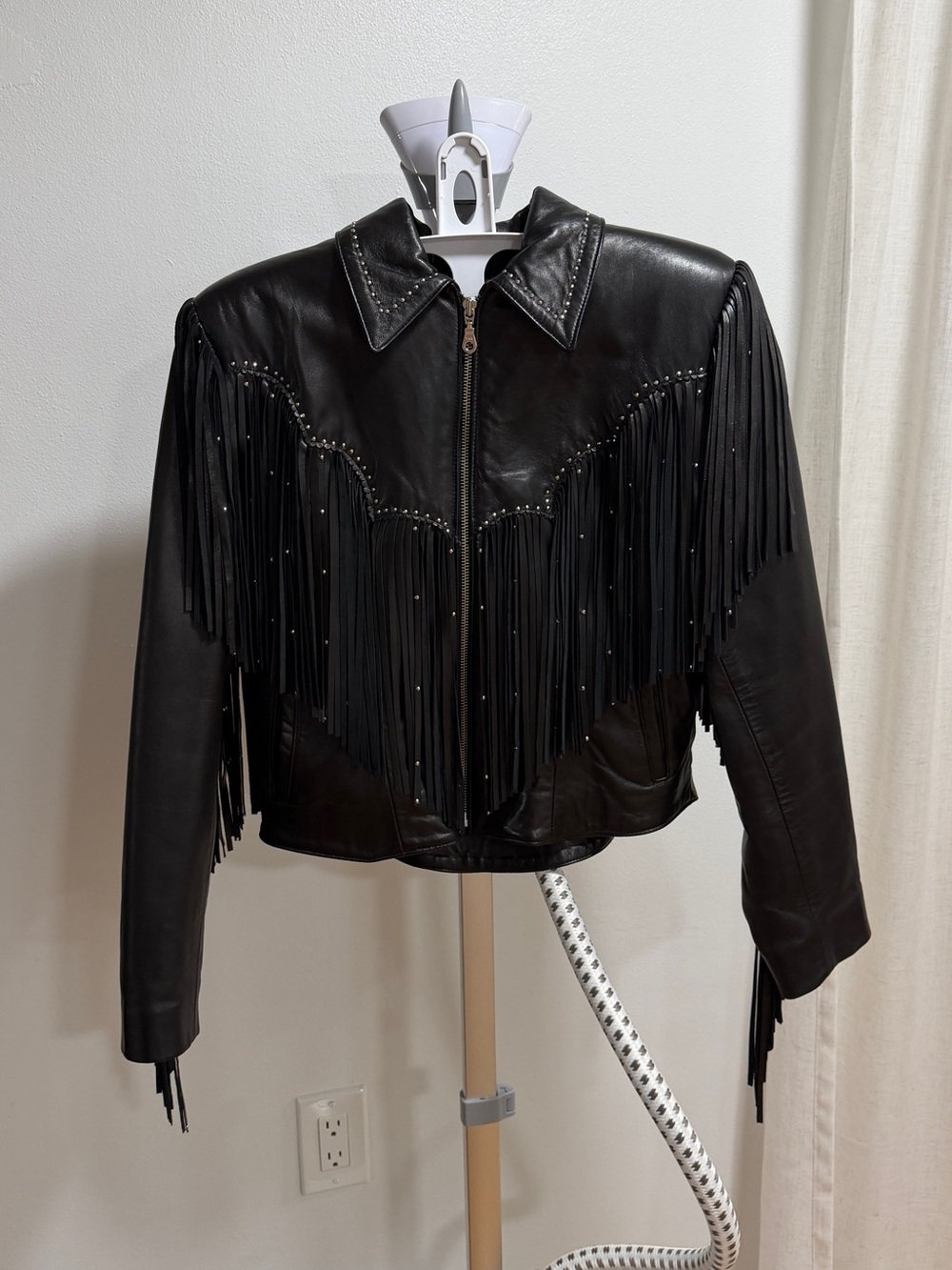 Tribe America Black Vintage Leather Fringe Jacket with silver studs